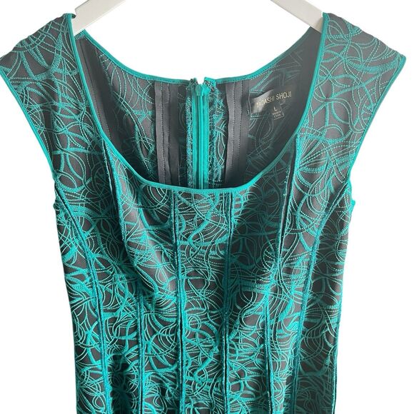 Tadashi Shoji Dress L Green Brocade Fit Flare Cocktail Wedding Guest Elegant - Picture 3 of 15